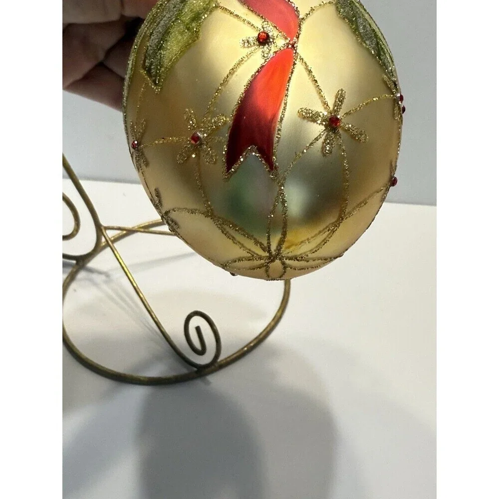 VTG W.C Gold Teardrop Christmas Ornament Hand Painted Berry Holly Glitter Glass